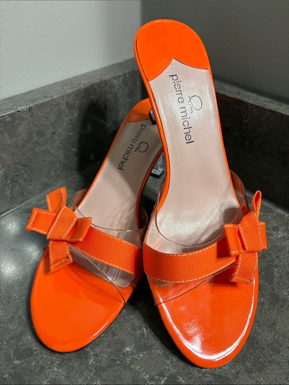 Orange Bow-Accent Patent Slide Sandals